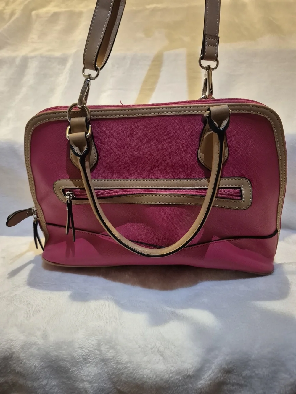Women's Pink Satchel Handbag with Tan Trim